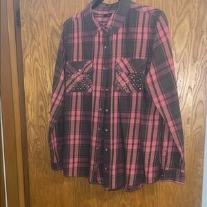 Jordache Pink and Brown Plaid Button-Up Shirt size Large